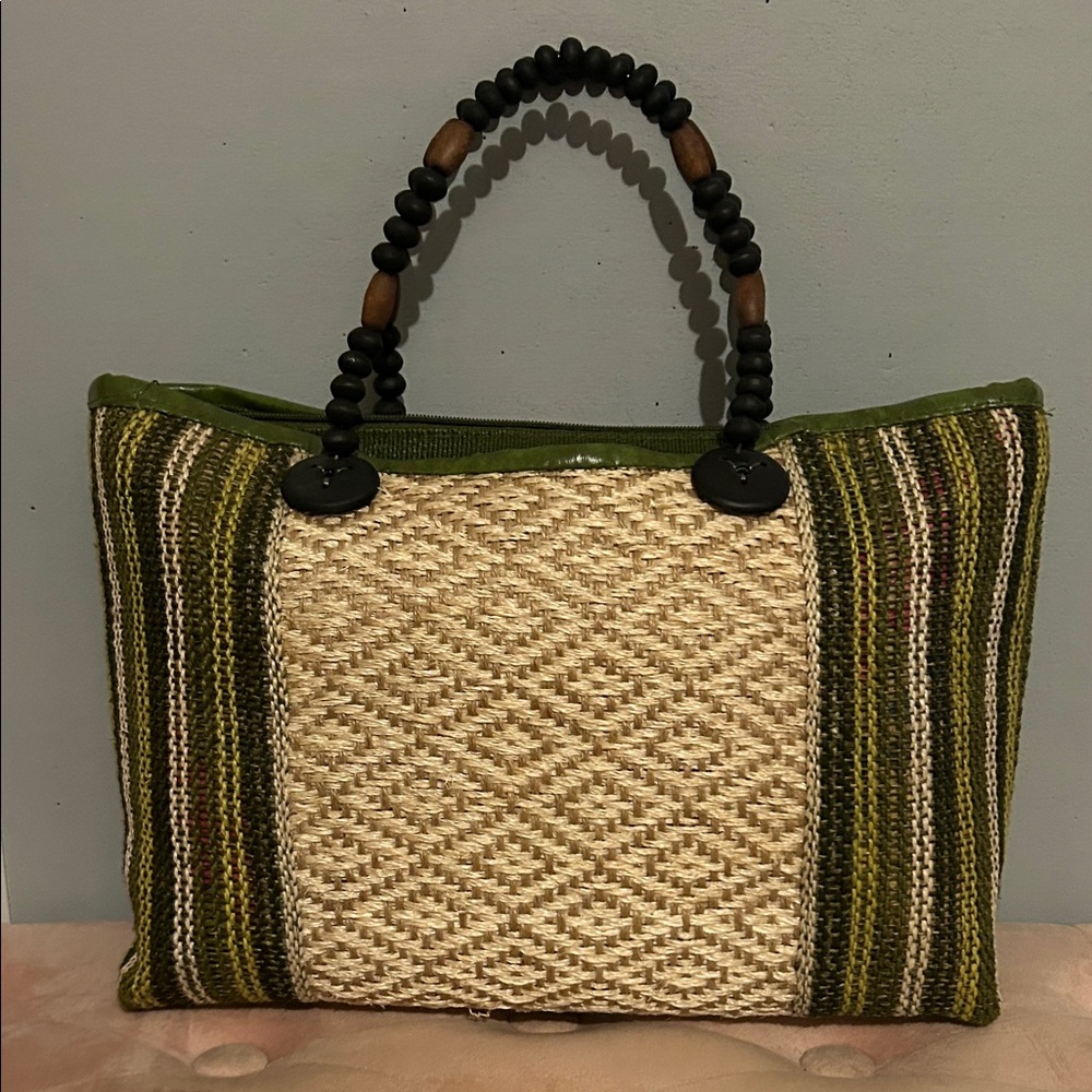 Green and Tan Woven Tote Bag